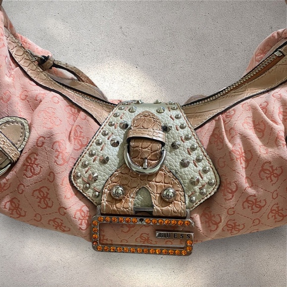 RARE Vintage Y2K Guess Orange Monogram Studded Hobo Shoulder Bag - Picture 9 of 10